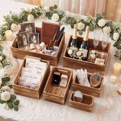 AceOrbit Set of 6 Wood Crates with Handles, Rustic Decorative Storage Boxes Distressed Wooden Nesting Display Baskets for Farmhouse, Wedding, Party Storage Display Supplies(Light Brown)