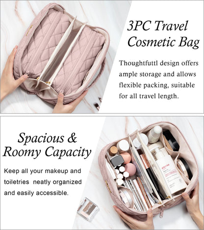Travel Makeup Bag, 3 Pcs Large Capacity Puffy Toiletry Bag for Women, Open Flat Make up Cosmetic Organizer w/Handle & Clear Divider Water-resistant Portable Pouch Travel Essentials, L-Light Pink