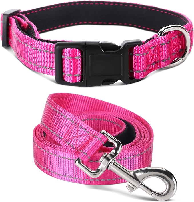 Soft Neoprene Padded Dog Collar and Leash Set for Small Medium Large Dogs, Reflective Durable Nylon Dog Collar with 5ft Leash Easy for Walking, Hot Pink,Neck fit 12.5-19.5’’