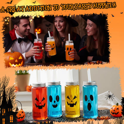 Patelai 12 Pcs Halloween Plastic Cups with Lids and Straws 13.5 oz Pumpkin Ghost Face Drinking Cup Reusable Clear Bottles Scary Printed Party Tumblers for Trick or Treat Party Supplies