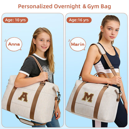 Birthday Gifts for Teen Girl, Personalized Dance Travel Duffel Bag for Girls Women, Cute Initial Overnight Weekender Gym Bag with Makeup Pouch（Khaki,A)