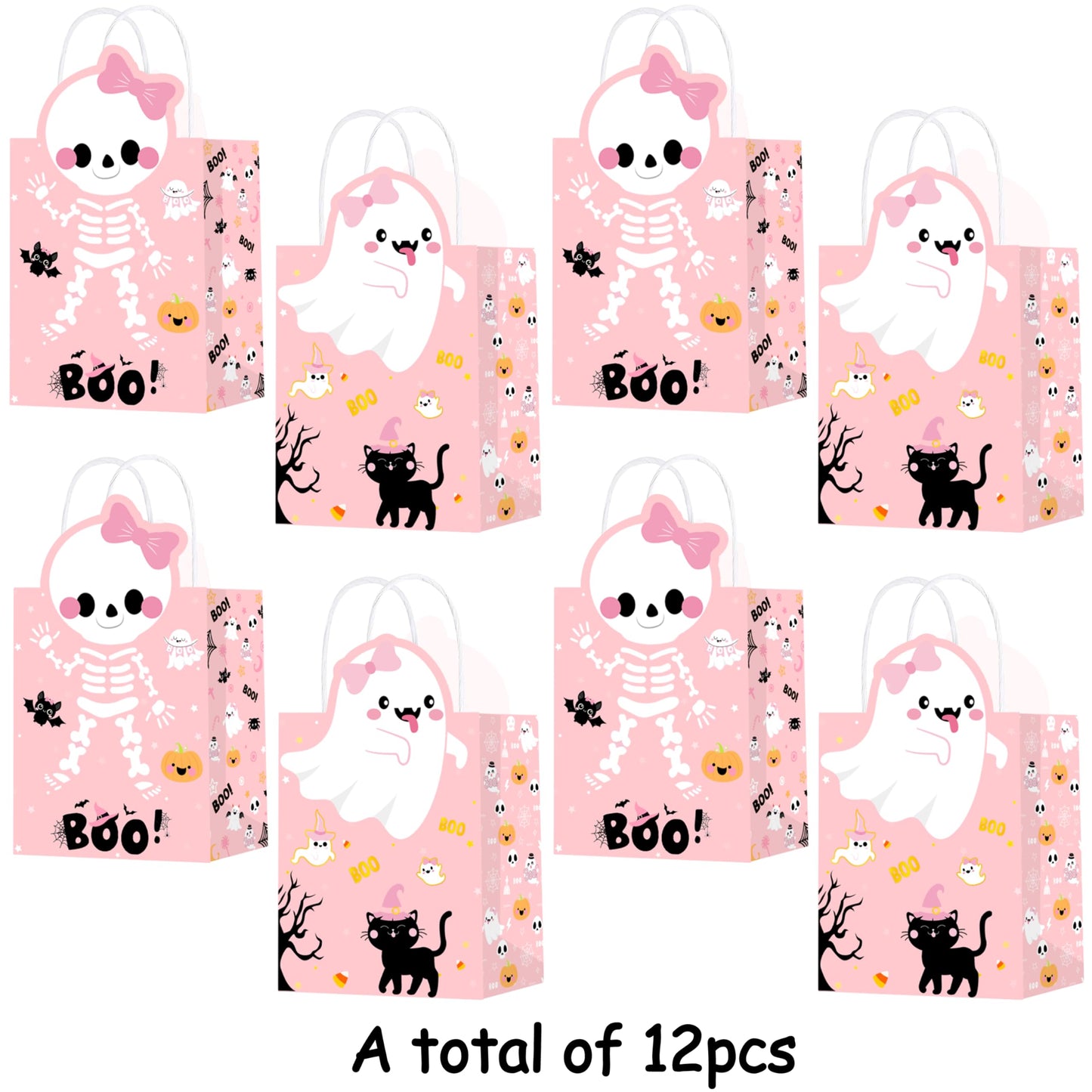 C L cooper life Halloween Party Tote Gift Bags with Handles 12pcs Pink Halloween Ghost Skull Candy Goodies Bags for Girls Ghost Bat Pumpkin Themed Trick or Treat Party Favor Supplies