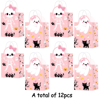 C L cooper life Halloween Party Tote Gift Bags with Handles 12pcs Pink Halloween Ghost Skull Candy Goodies Bags for Girls Ghost Bat Pumpkin Themed Trick or Treat Party Favor Supplies