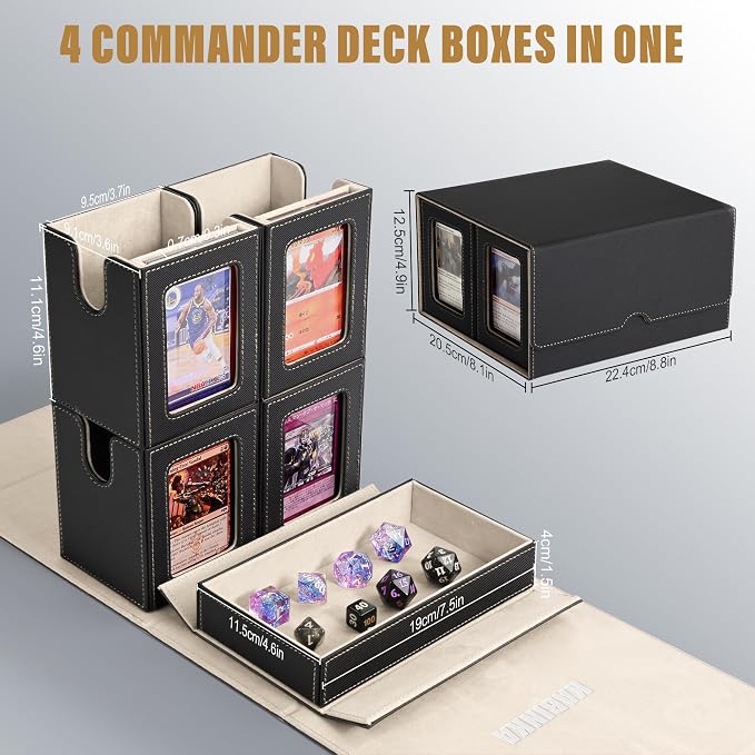 Kabinka Card Deck Box for MTG Commander, Holds 400+ Double-Sleeved Cards, 5 IN 1 Detachable Card Case with Dice Tray, Fits Magic/TCG Cards, 4 Magnetic Card Holders & Dividers (Black Gold)