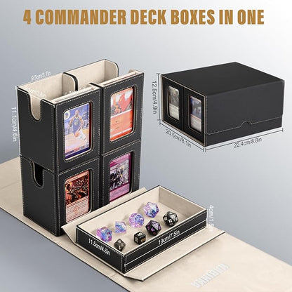 Kabinka Card Deck Box for MTG Commander, Holds 400+ Double-Sleeved Cards, 5 IN 1 Detachable Card Case with Dice Tray, Fits Magic/TCG Cards, 4 Magnetic Card Holders & Dividers (Black Gold)