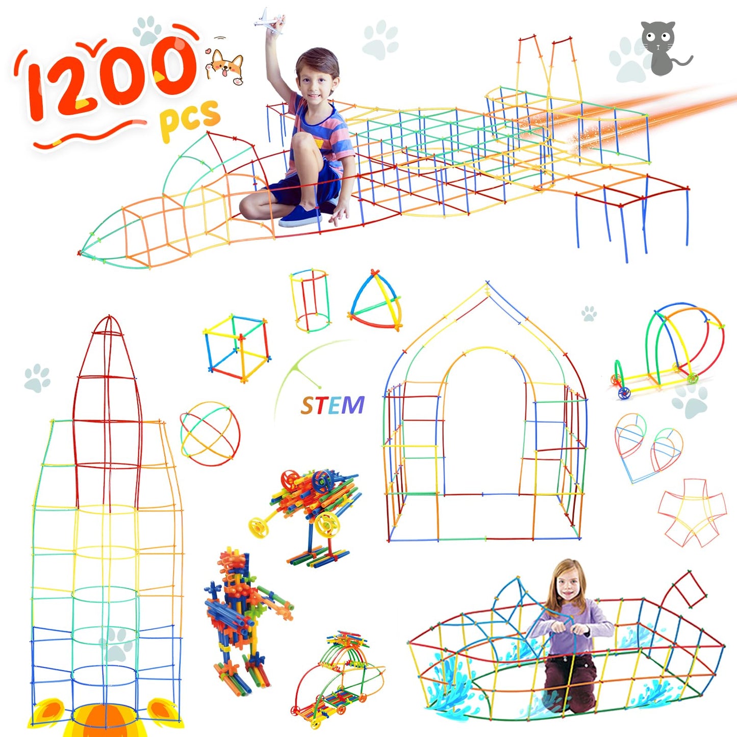 Ggiibro Straw Constructor Toys 1200Pcs STEM Building Toys Aged for 3 4 5 6 7 8+ Interlocking Plastic Toys Preschool Engineering Thin Tube Blocks Toy Educational Toy Kit for Classroom Kids Toys Set