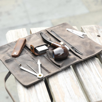 Whitluck's Waxed Canvas Tobacco Smoking Pipe Pouch with Leather Pipe Stand, Travel Pipe Case Bag for 2 Pipes and Other Accessories
