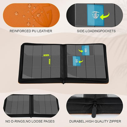 12 Pockets Trading Card Zipper Binder for 720 Cards| Secure Side Loading Pockets | Trading Card Album Folder | Compatible with YuGiOh, MTG (Orange 12)