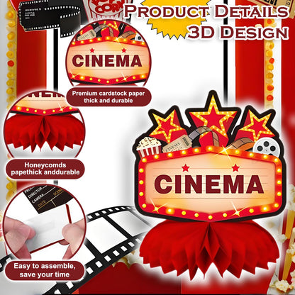 Oiuyamn 9Pcs Movie Night Party Honeycomb Centerpieces Decorations, 3D Movie Theme Birthday Table Topper, Hollywood Party Decor