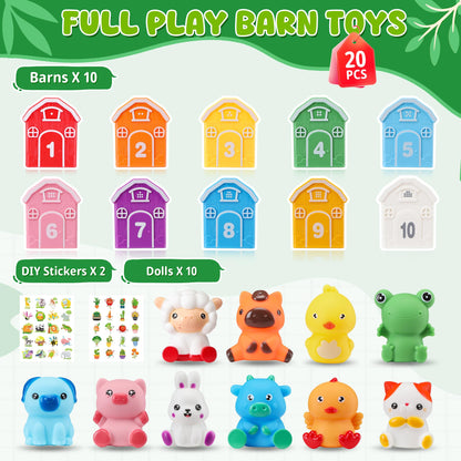 Montessori Toys for Toddlers, 20Pcs Farm Animal Toy Counting, Matching, Sorting Preschool Learning Toy Barn Toy including 10 Barns,10 Finger Puppets and 2 Stickers Birthday Gift Baby Boys Girls