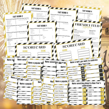 Humyoun New Year Family Fued Game Cards with 2 Answer Buzzers, New Years Eve Family Trivia Quiz Game Night Fun Holiday Fued Cards for Adults Party Office Classroom Team Building Countdown
