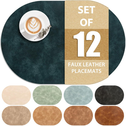 ADRIMER Placemats, Heat Resistant Oval Placemats Set of 12 Washable 12 x 17 Inch, Waterproof Table Mats, Wipeable Pu Place Mats for Kitchen, Dining Room, Dark Blue