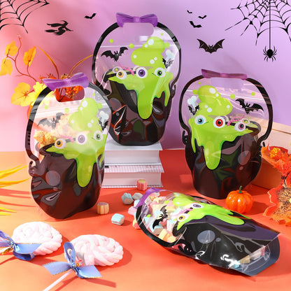 Fuutreo 50 Pcs Halloween Bags Plastic Halloween Goodie Bags with Handles Scary Holiday Sealed Pouch Sealing Cauldron Treat Candy Pouch for Scary Holiday Party Candy Gift Supplies Decoration(Cauldron)