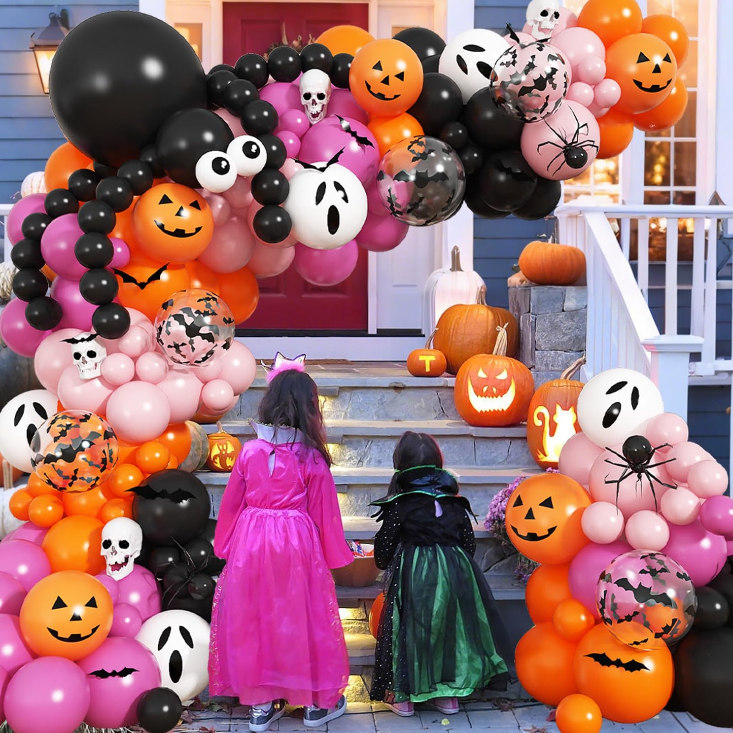 Froova Halloween Balloon Arch Pink Black Orange Balloons Garland 3D Bat Stickers Bat Print White Ghost Pumpkin Latex Balloons for Pink Halloween Night Ghost Spooky One Birthday Baby Shower Party Decor