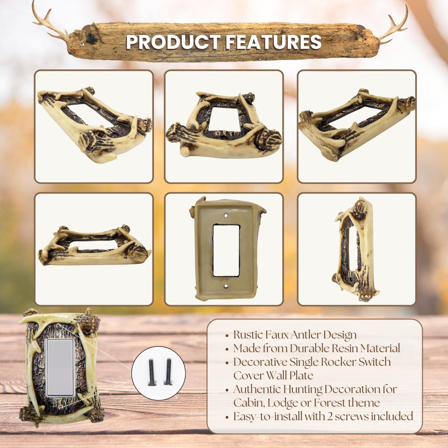 Rustic Faux Antler Single Rocker Switch Cover, Resin Wall Plate Light Panel