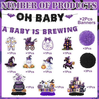 Deorfuy Halloween Baby Shower Decorations, 16PCS a Baby is Brewing Banners with Hanging Swirls Decorations, Halloween Gender Reveal Honeycomb Centerpieces and Paper Poms Decor Supplies Black Pink