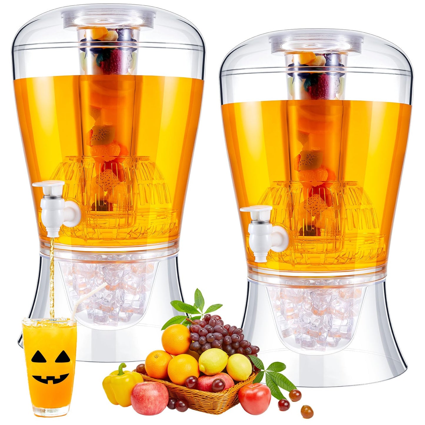 Maxcheck 2 Pcs Drink Dispenser for Parties, 1.8 Gallon Plastic Beverage Container with Ice Core and Spigot, Clear Countertop Water Pitcher, Iced Juice Tea Lemonade Coffee Milk, for Wedding Picnic Bar