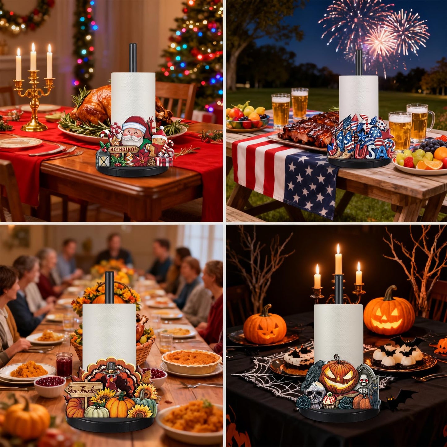 LemonRoad 17 Pcs 4th of July Holiday Interchangeable Kitchen Paper Towel Holder Wooden Fall Sunflower Seasonal Countertop Paper Towel Holder with Holiday Sign for Halloween Christmas Home(Fresh)