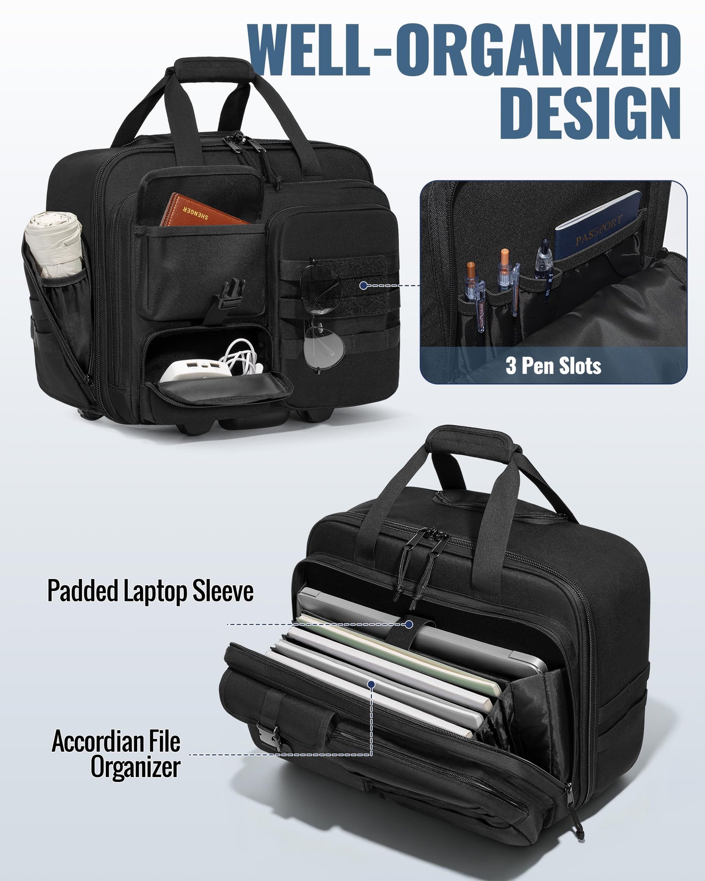Trahzia Rolling Tactical Messenger Bag, 17.3 Inch Briefcase with Wheels for Men, Wheeled Military Laptop Bag for Work Commute Flight, Black