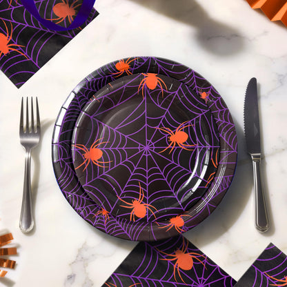 Watch Me Fly 75pcs Spider Party Supplies - Disposable Spider Web Paper Plates & Napkins (25pcs 9" & 7" Plates, 25pcs Napkins) for Birthdays, Halloween, Birthday, and Parties Decoration