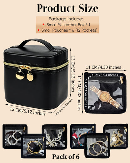 LingLingo Travel Jewelry Organizer, PU Leather Small Hard-shell Jewelry Box with 6 Velvet Pouches for Earrings Rings Necklace Bracelet Watch, Compact Jewelry Travel Case for Women Gift