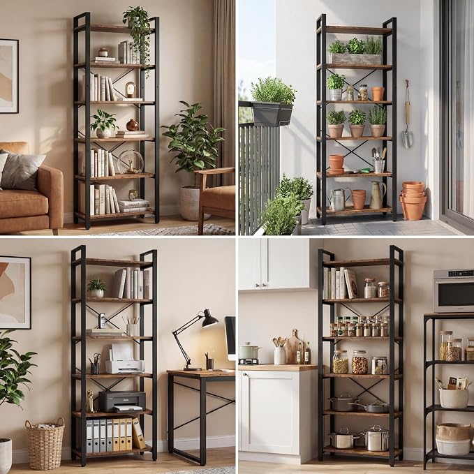 IRONCK Bookshelf 6-Tier Ladder Shelf 110lbs Display Shelf Vintage Industrial Style Bookcase for Home Office, Living Room