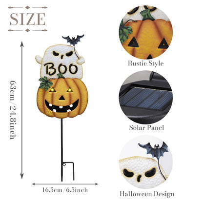 TERESA'S COLLECTIONS Metal Halloween Yard Stakes, Halloween Decorations for Outdoor with Ghost Pumpkins Solar Light, Stacked Jack-o-Lantern Garden Stakes Decor for Pathway Patio Party, 25"