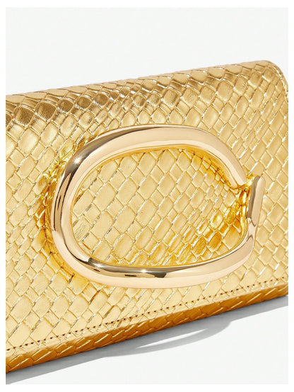 QWINEE Women's PU Leather Evening Wedding Party Clutch Purse with Chain Metal Decoration Trendy Causal Shoulder Bag Gold One Size