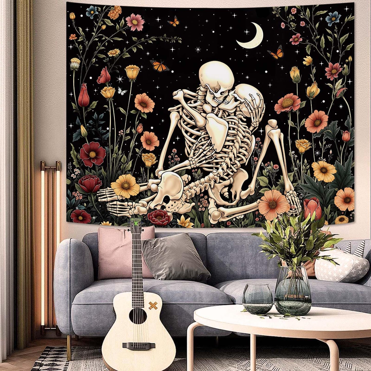 Haibimen Skeleton Tapestry Wall Hanging Dark Romance Moon Stars Butterfly Floral Skull Gothic Tapestries for Bedroom Aesthetic Wallpaper Decor for Living Room, Dorm (Black 1, 60''×44'')
