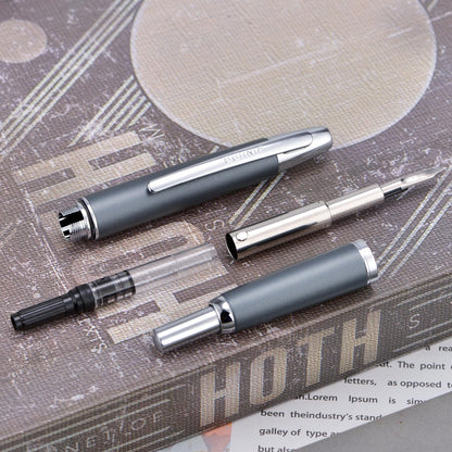 Jinhao 10 Press Fountain Pen with Box, Metal Gray Retractable Extra Fine Nib with Ink Converter Set (Silver Clip)