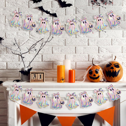 Oudain 2 Pack Halloween Ghost Garland 6.56 ft Iridescent Ghost Decor Laser Cute Boo Holographic Paper Bow Hanging Banner for Halloween Party Decor Birthday Party Home Indoor Outdoor Mantel