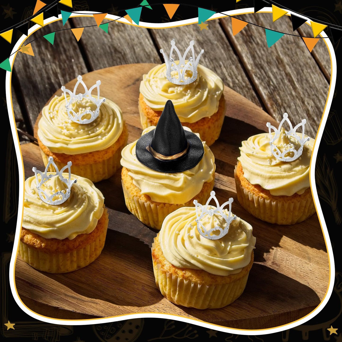 Cutecrop 48 Pack Witch Hat and Crown Cake Topper Bad Witch Birthday Party Decorations Mini Wizard Hats Silver Crown Cupcake Toppers Decor Princess Cake Accessories for Birthday Party Supplies Crafts