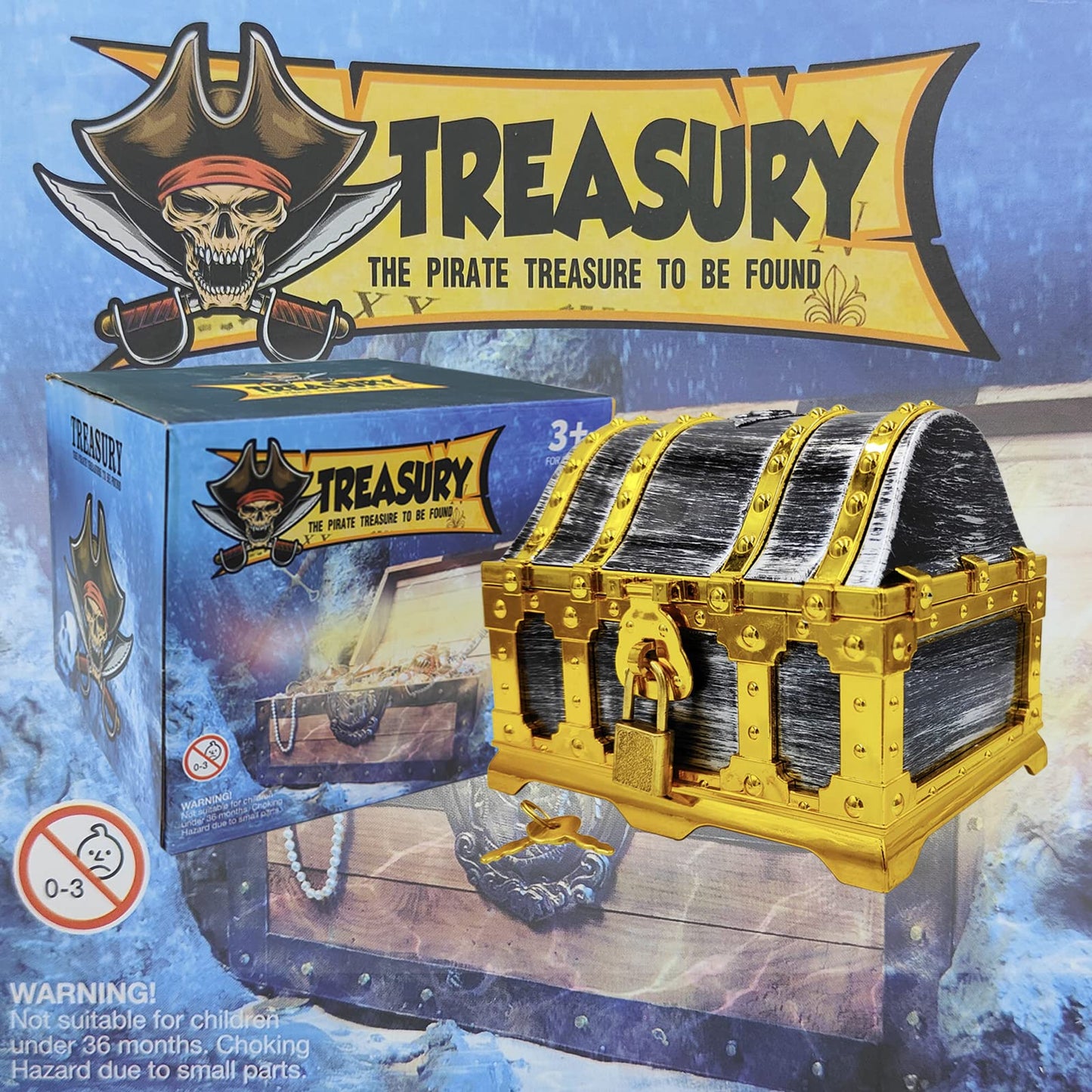 Dronside Kids Golden Frame Pirate Treasure Chest with Lock and Key, Treasures Collection Storage and Decorative Box for Kids Birthday Pirate Party Favors