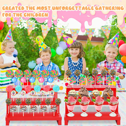 KHayRovies 2 Pcs Cake Pop Stand, 3 Tier Wood Cake Pop Holder Display Risers with Twist Ties Lollipop Sticks, 33 Hole Lollipop Holder for Dessert Table of Wedding Birthday Party (Red-2P)