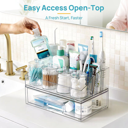 Vtopmart 6 PCS Bathroom Countertop Organizer, 1 Divided Tray with 4 Qtip Holder Jars and 1 Drawers, Restroom Clear Organizers for Toothbrush, Cotton Pads, Vanity Accessories Storage Set