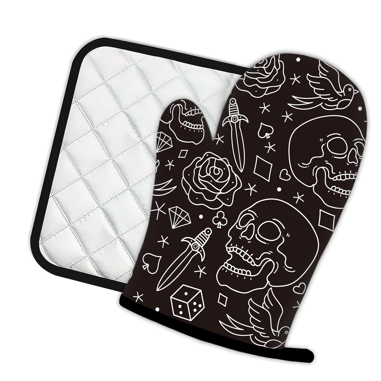 Skull Head with Rose Oven Mitts and Pot Holders Kitchen Cooking Gloves 2 Pcs Set Heat Resistant Pad for Baking BBQ Home Decor