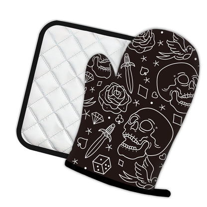 Skull Head with Rose Oven Mitts and Pot Holders Kitchen Cooking Gloves 2 Pcs Set Heat Resistant Pad for Baking BBQ Home Decor