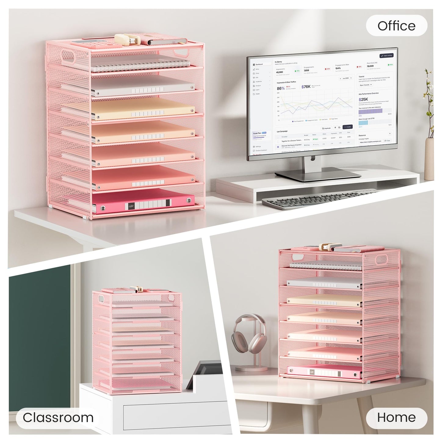 Lavatino 8-Tier Letter Tray Desk Paper Organizer, Mesh File Sorter Tray Organizer for Desk Office Supplies & Home Organization, Fits A4 Paper, Mail, Magazines and Office Accessories (Pink with Handle)