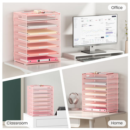 Lavatino 8-Tier Letter Tray Desk Paper Organizer, Mesh File Sorter Tray Organizer for Desk Office Supplies & Home Organization, Fits A4 Paper, Mail, Magazines and Office Accessories (Pink with Handle)