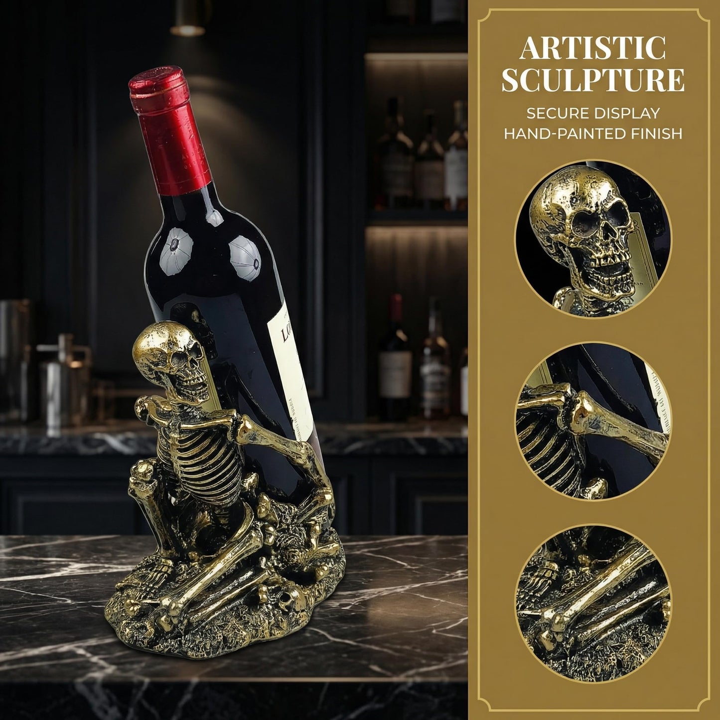 PDNPDN Gothic Skull Decorated Wine Bottle Rack, Halloween countertop Small Wine Rack, Room Emotional Decoration (Bronze)