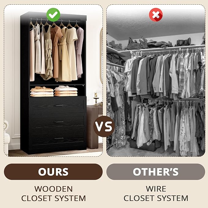 IRONCK Freestanding Closet System with 3 Wood Drawers, 31.5" Black | Modern armoire wardrobe with adjustable shelves & hanging rod, walk-in closet organizer for small spaces, space-saving design