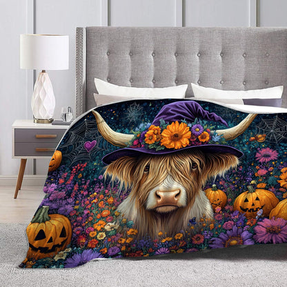 Tijuboni Halloween Highland Cow Pumpkin Throw Blanket for Girls Boys Women Men Kids Adults Soft Flannel Fleece Blanket for Couch Sofa Bed Home Decor 40"x50"