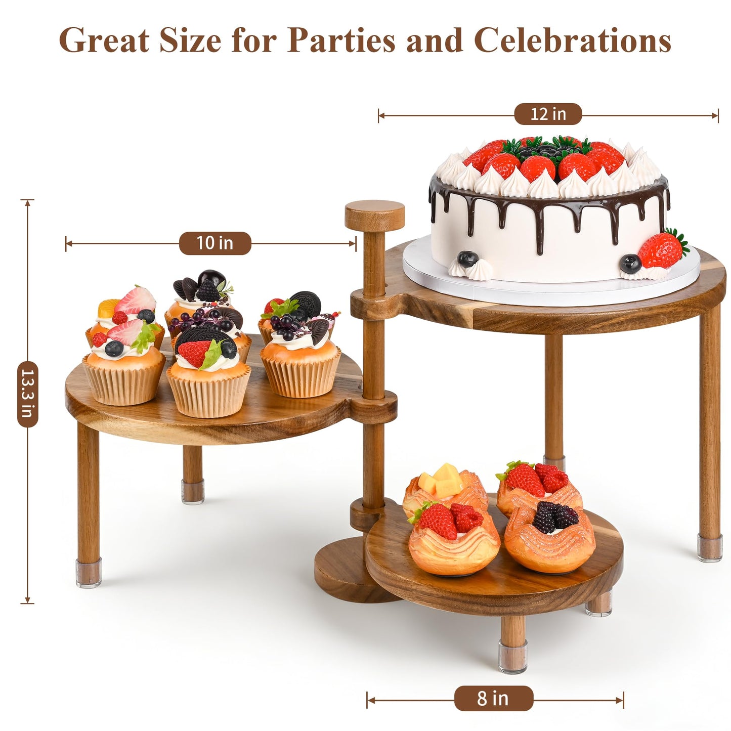 LOVYANXUE Acacia Wooden Cupcake Stand, 3 Tier Round Cake Stand 360° Rotatable Cupcake Tower with Tiered Serving Tray, Wood Dessert Table Display Set, Tiered Tray Stand for Party, Wedding (12/10/8 IN)