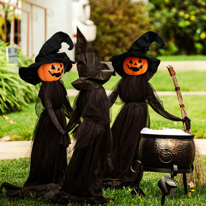 Halloween Decorations, Set of 3 Light Up Pumpkins Witches with Stakes，Voice Control Witch Glowing Head Waterproof for Outside Garden Statue Decoration Grass Lawn