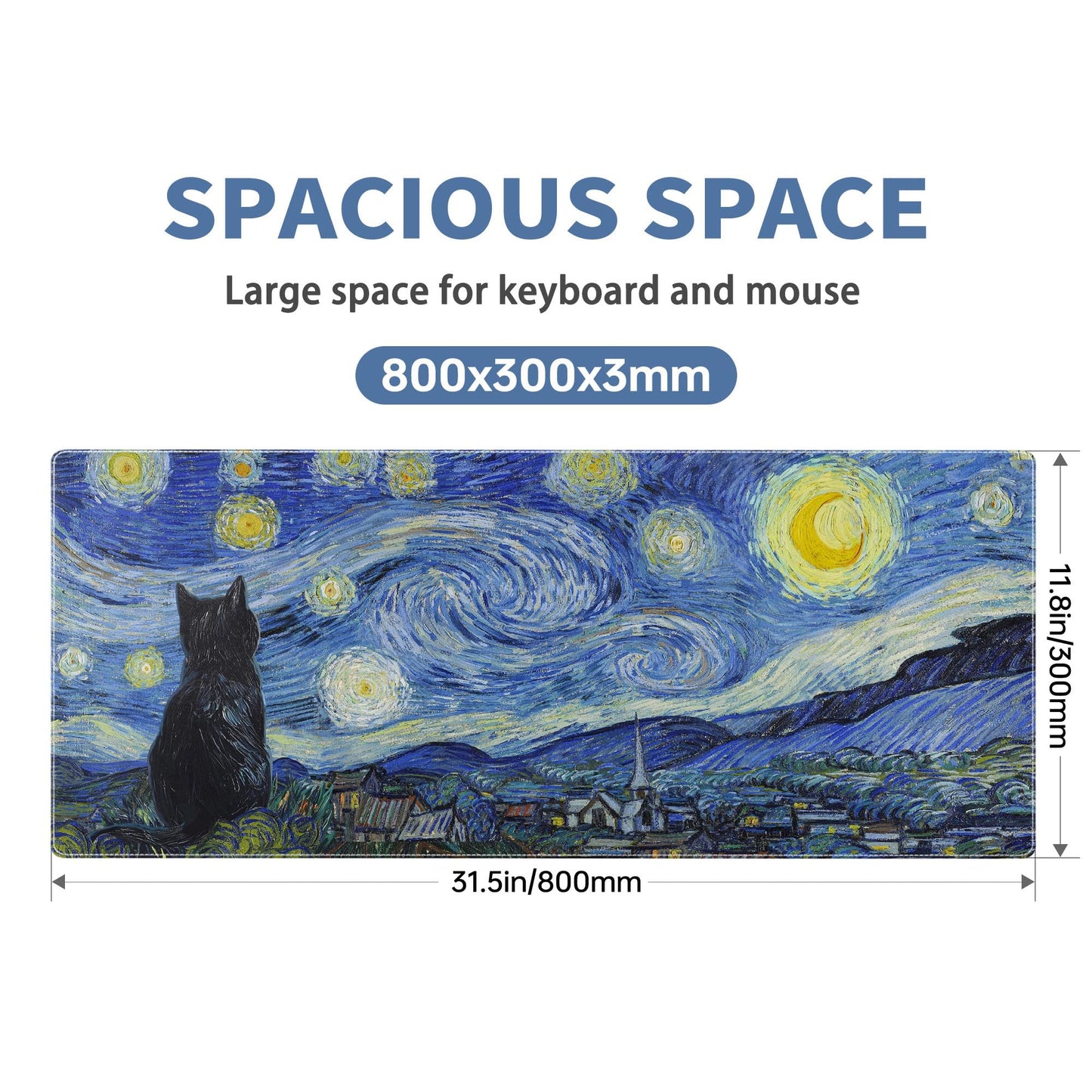 Starry Night Cat Gaming Mouse Pad Large Desk Mat Extended Keyboard Mouse Pad Anime Mousepad with Non-Slip Base and Stitched Edge Mouse Mat Desk Pad 31.5 x 11.8 Mouse Pads for Desk Home Office Gaming