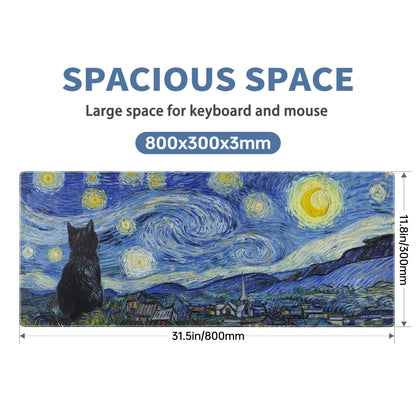 Starry Night Cat Gaming Mouse Pad Large Desk Mat Extended Keyboard Mouse Pad Anime Mousepad with Non-Slip Base and Stitched Edge Mouse Mat Desk Pad 31.5 x 11.8 Mouse Pads for Desk Home Office Gaming