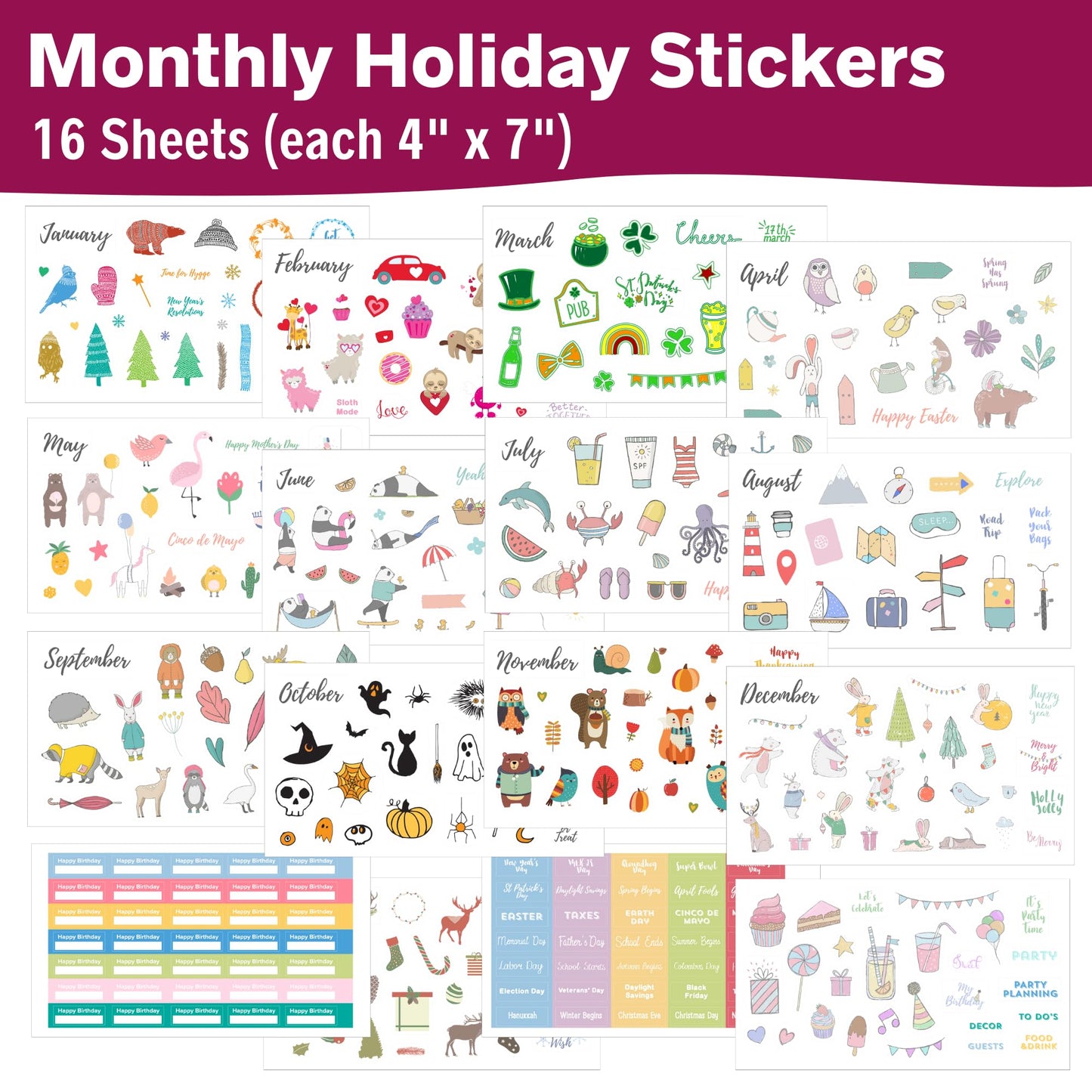 Seasons & Holidays Planner Stickers Value Pack - 16 Sheets, Cute Custom Scrapbook & Planner Stickers, Fun Supplies for Bullet Dotted Journals, Christmas, Easter, Halloween, Birthdays by Sunny Streak
