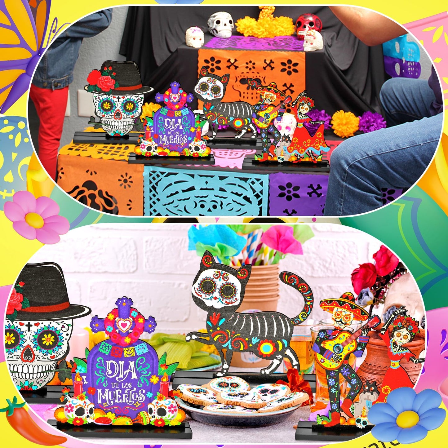 HOWAF 4PCS Day of The Dead Table Decorations,Wooden Mexican Dia De Los Muertos Altar Centerpiece with Sugar Skull Dancing Ghost Skeleton Couple Skeleton Cat Altar for Day of The Dead Alter Decor