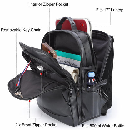 TIDING Genuine Leather Backpack for Men Large Capacity 17.3 Inch Laptop Bag Black Waterproof Business Work Travel Daypack