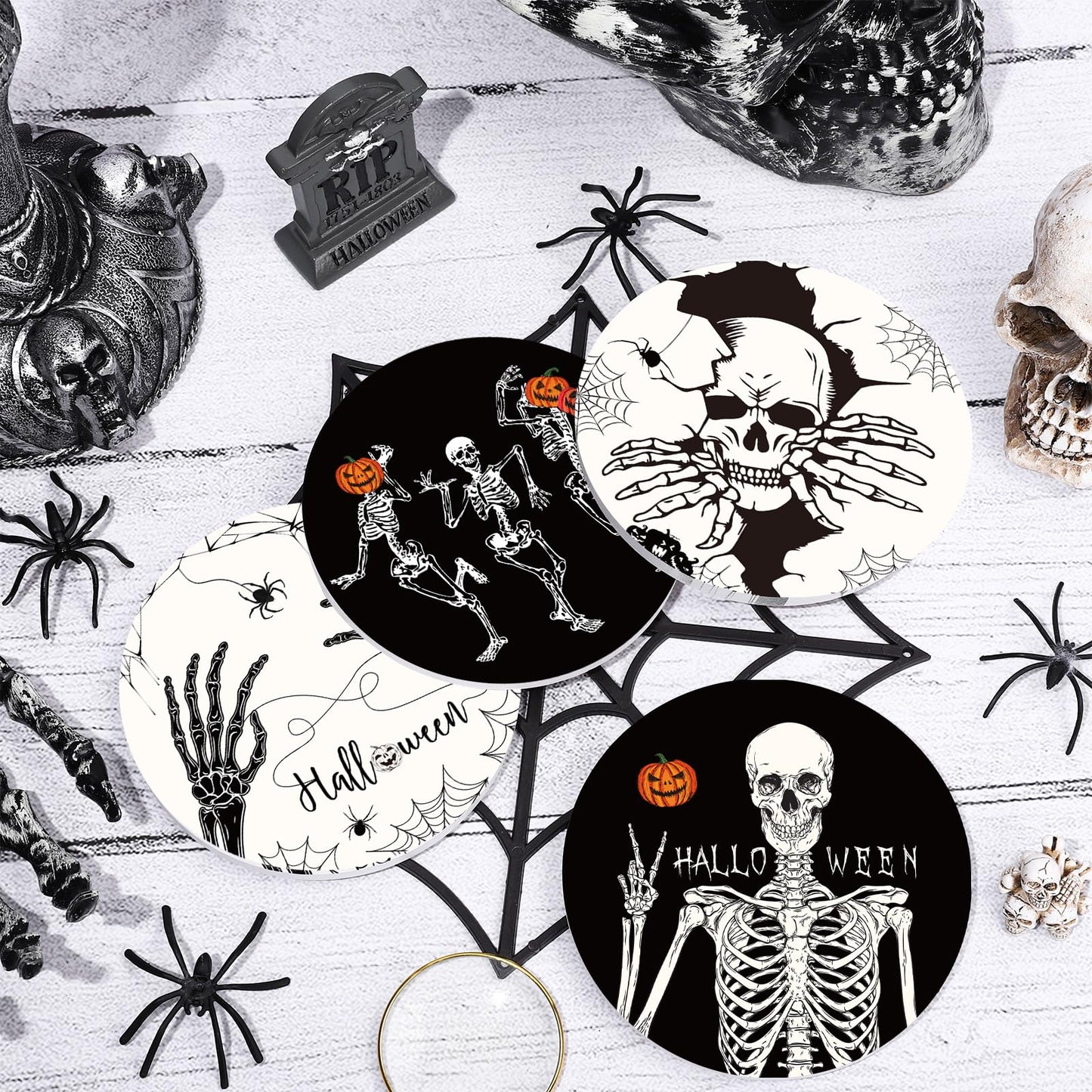 Whaline 4Pcs Halloween Ceramic Coasters Skeleton Pumpkin Drink Coasters Absorbent Cup Mat for Mug Cup Home Kitchen Party Table Decor